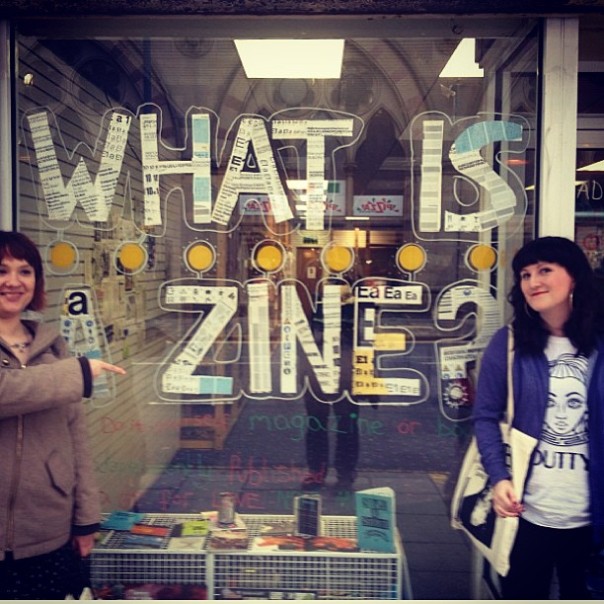 Rachel Kaye and Em Ledger outside Bradford Baked Zines before their per-zine talk, Saturday 18th May